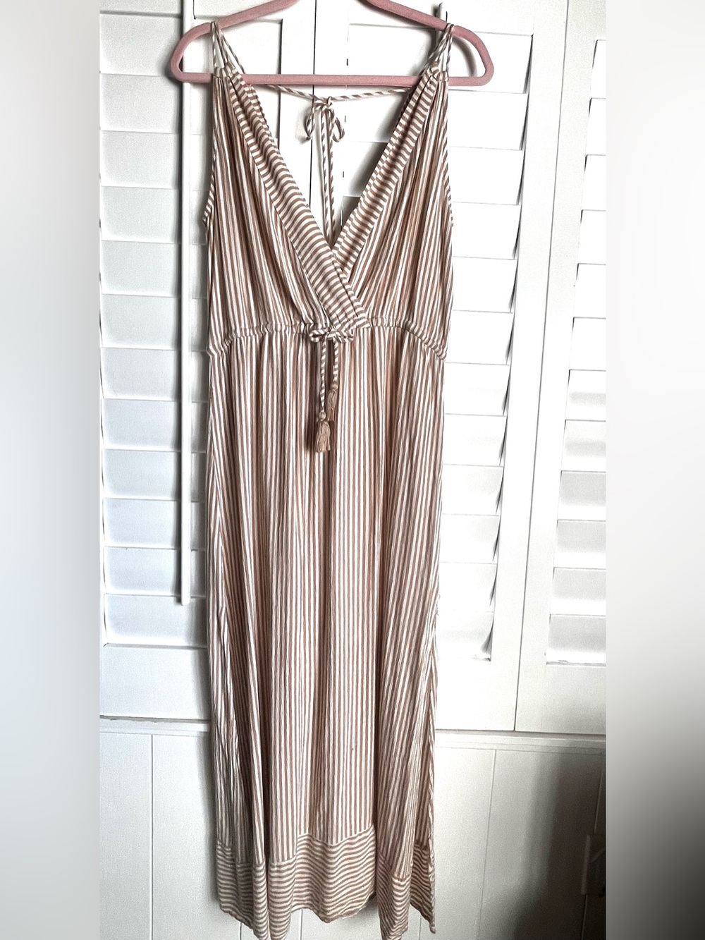 Striped V-Neck Maxi Dress in Beige and White Medium